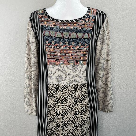 Black Stripe Floral Mixed Print 3/4 Sleeve Eclectic Boho Maxi Shift Dress Medium - Picture 8 of 14